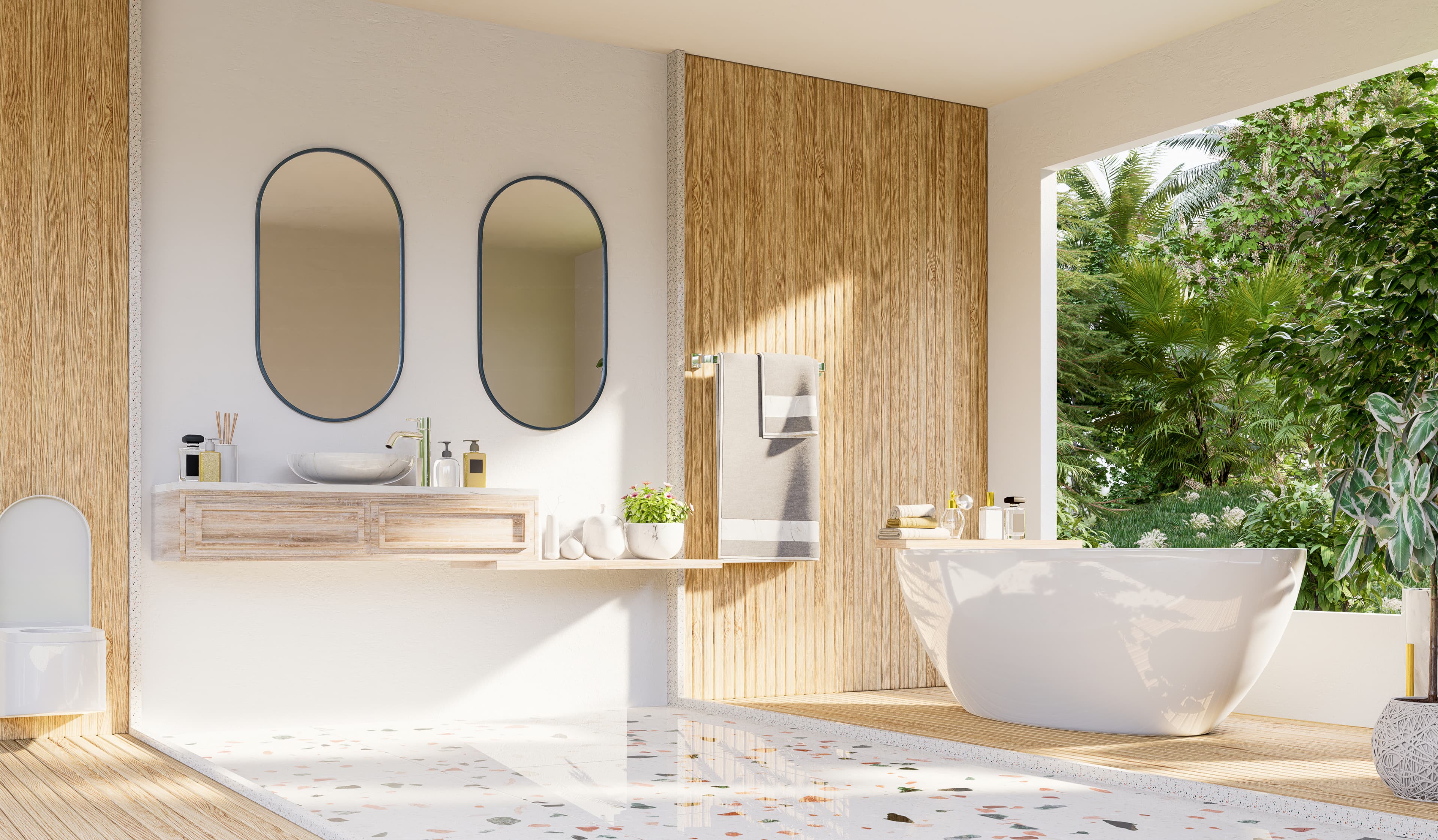 Modern luxury bathroom with circular mirrors