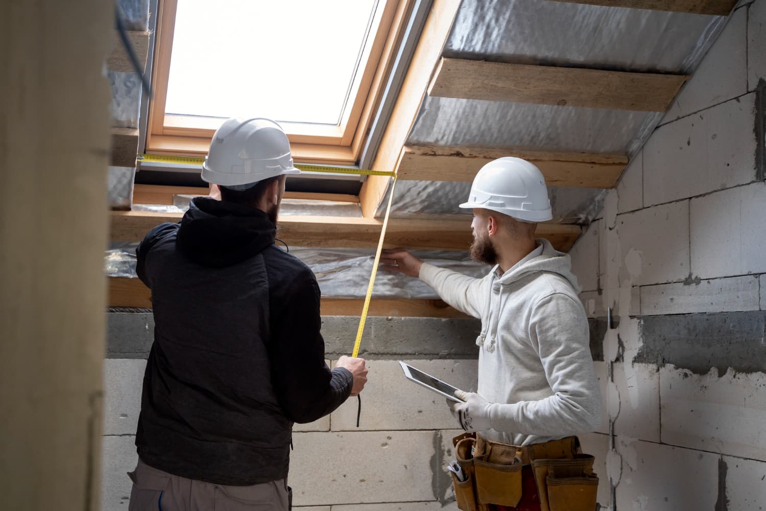 Construction experts working on home expansion framing
