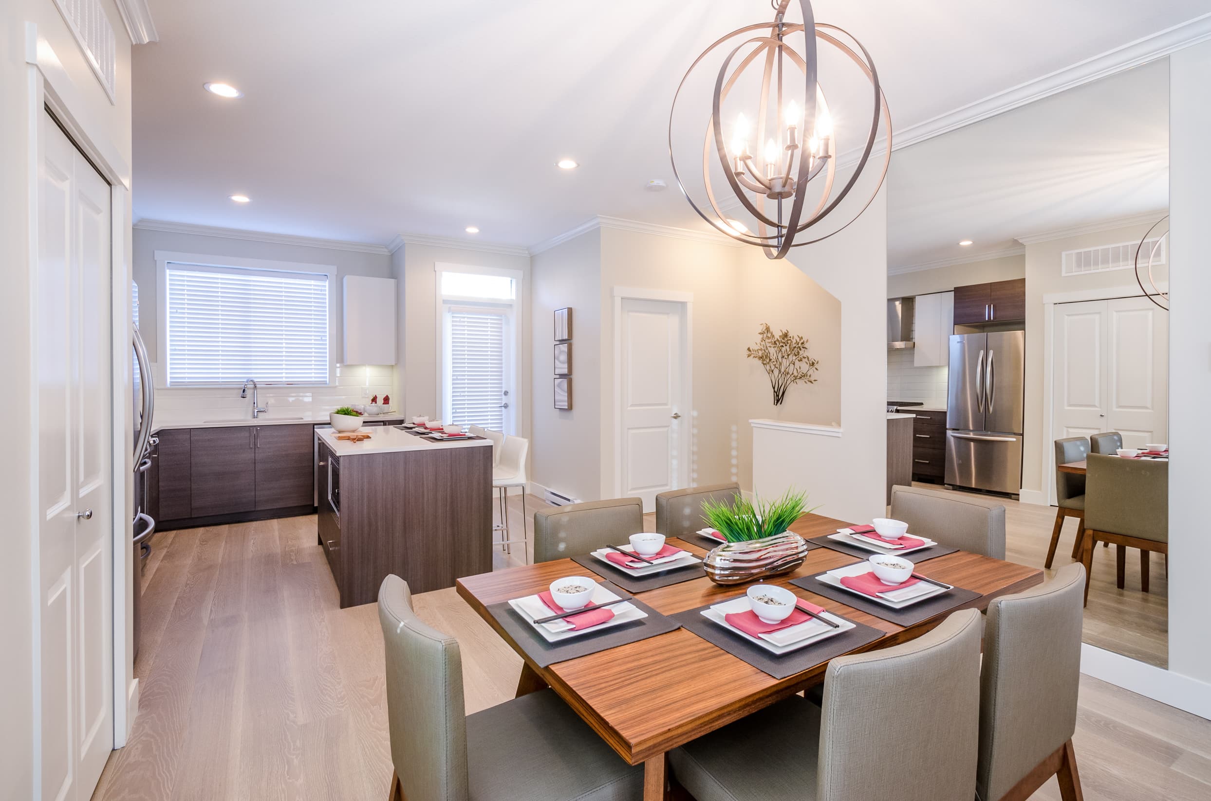 Beautiful dining room table inside modern kitchen space