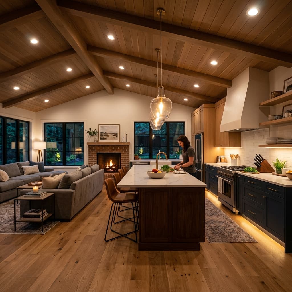 Open space kitchen and living room layered lighting design