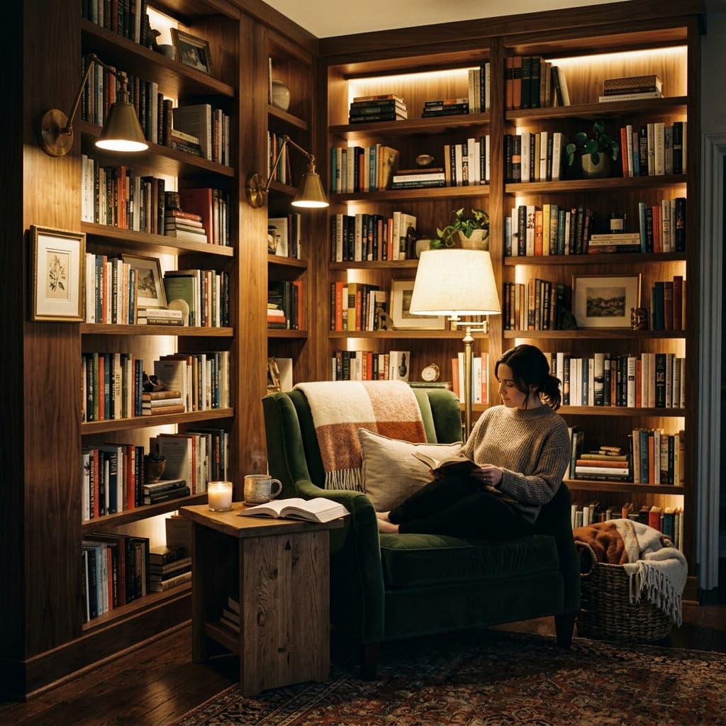 Cozy reading area with layered lighting design