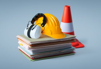 Pile,Of,Paperwork,,Safety,Equipment,And,Work,Tools:,Construction,And