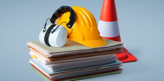 Pile,Of,Paperwork,,Safety,Equipment,And,Work,Tools:,Construction,And